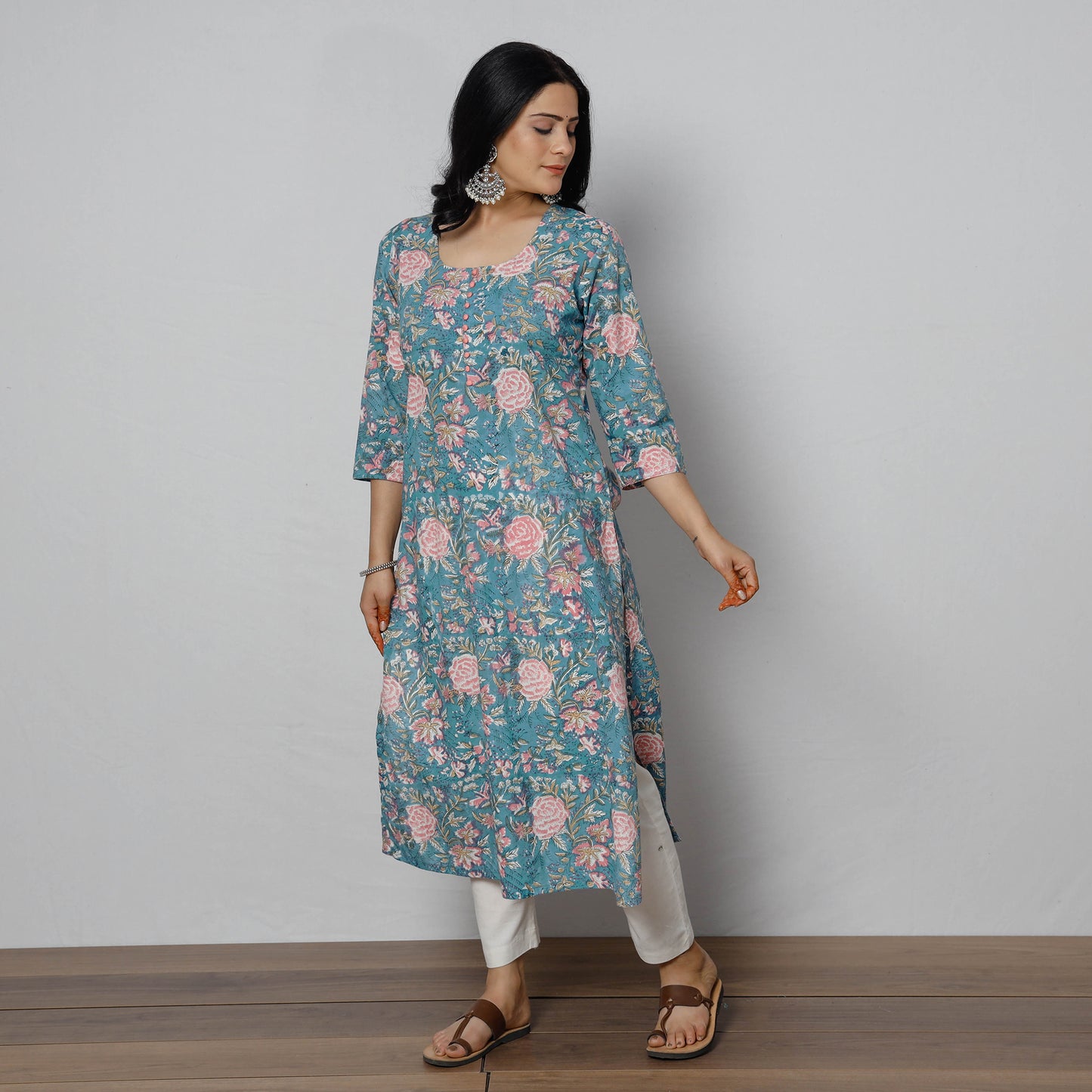 Blue - Sanganeri Block Printing Cotton Long Kurta