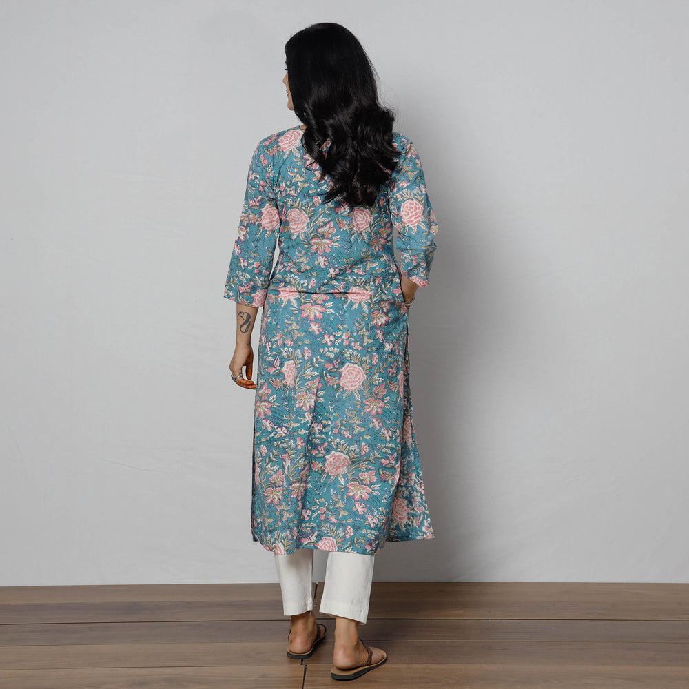 Blue - Sanganeri Block Printing Cotton Long Kurta