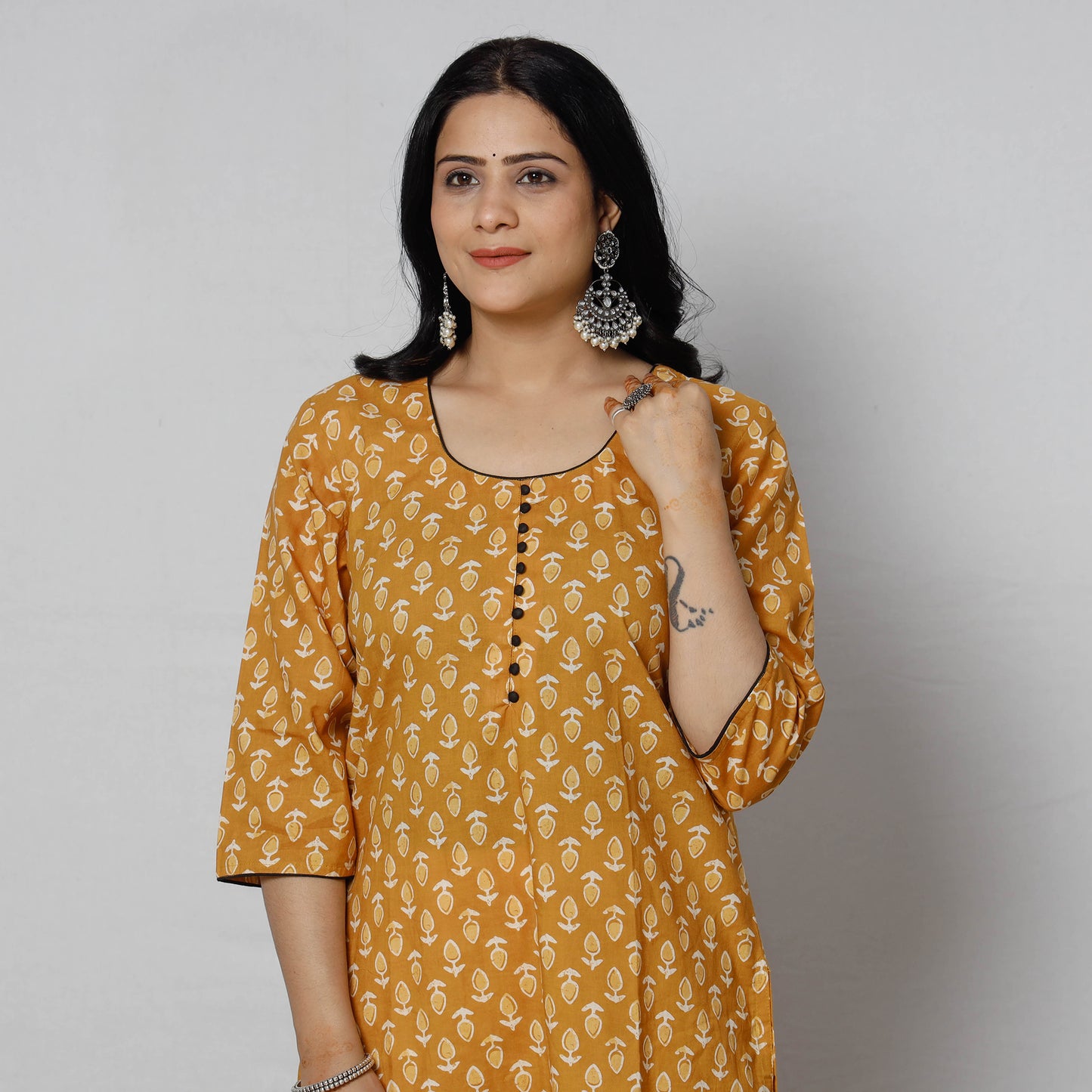 Yellow - Sanganeri Block Printing Cotton Long Kurti