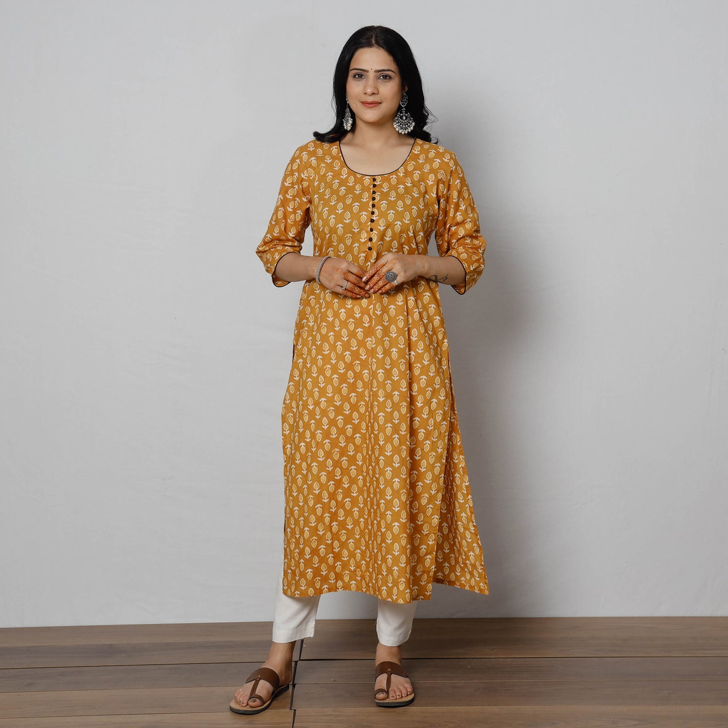 Yellow - Sanganeri Block Printing Cotton Long Kurti