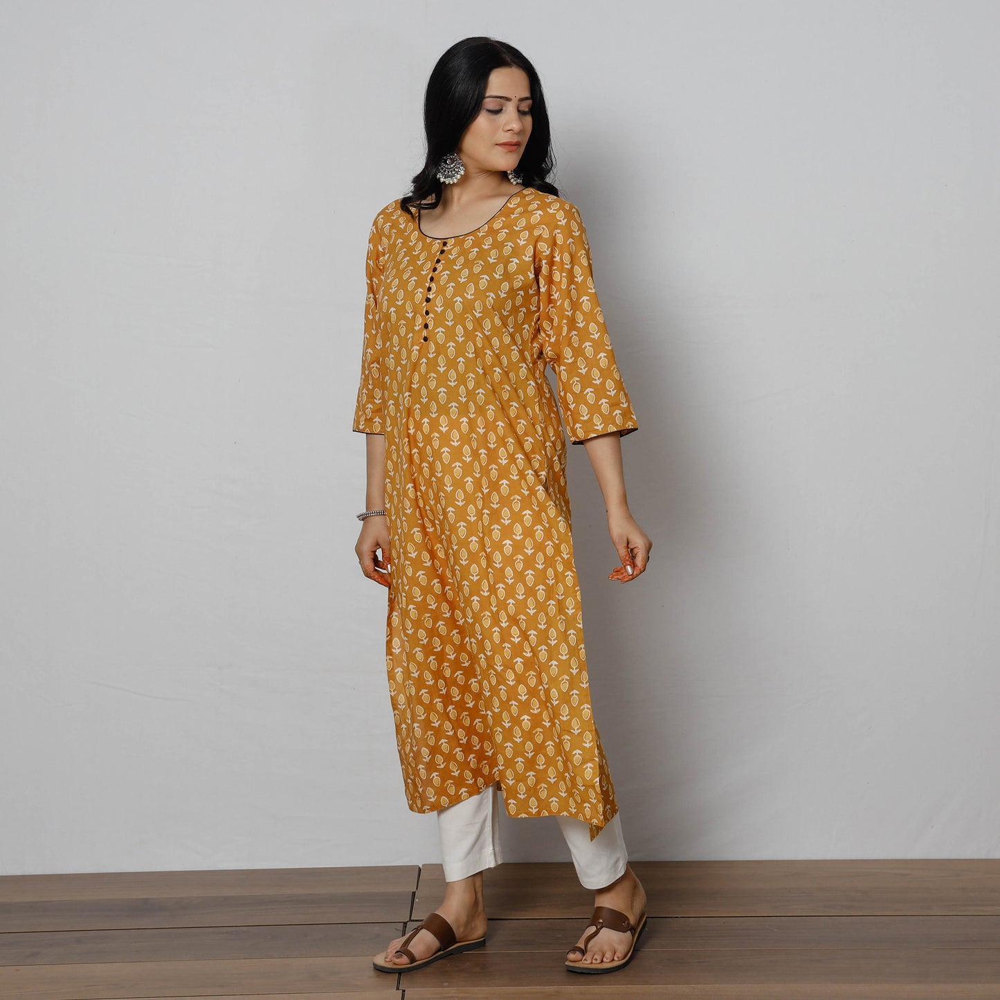 Yellow - Sanganeri Block Printing Cotton Long Kurti