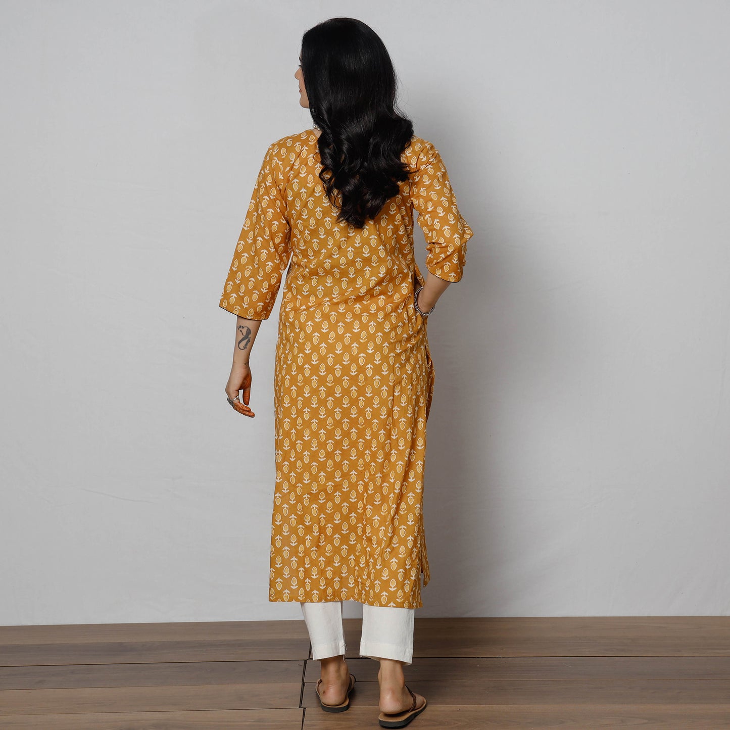 Yellow - Sanganeri Block Printing Cotton Long Kurti