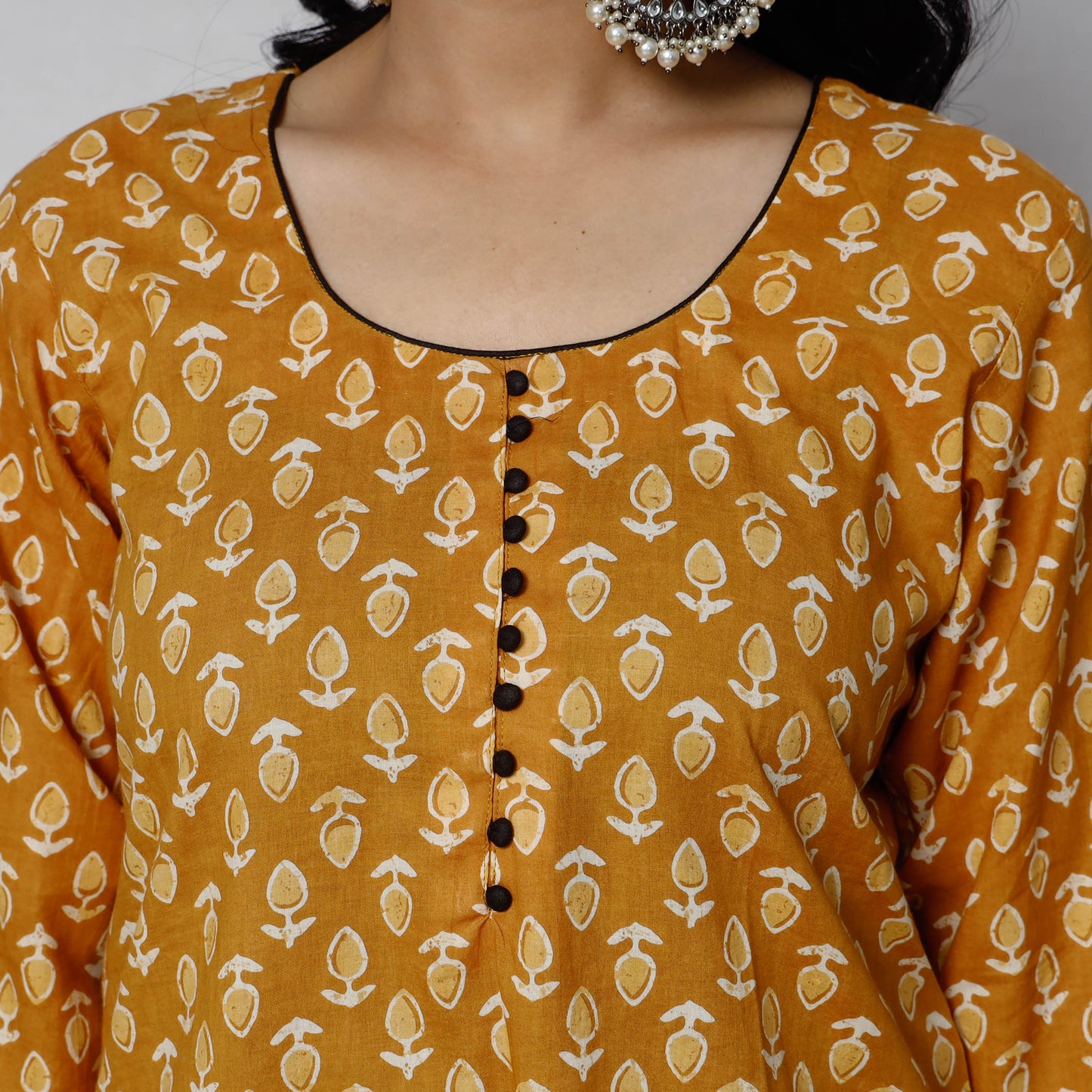 Yellow - Sanganeri Block Printing Cotton Long Kurti