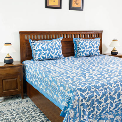 Blue - Sanganeri Block Printing Cotton Double Bed Cover with Pillow Covers (108 x 87 in)