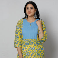 Yellow - Pintuck Sanganeri Block Printed Cotton Long Straight Kurta