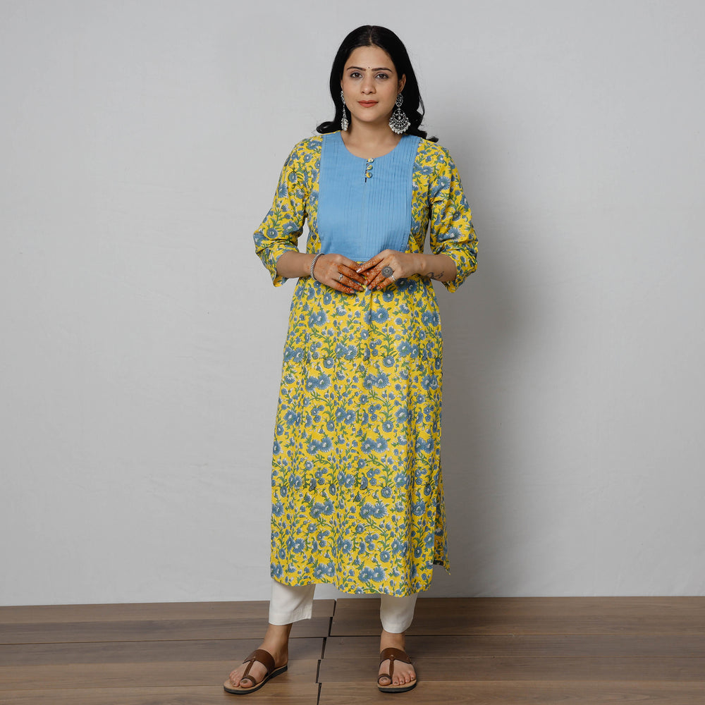 Yellow - Pintuck Sanganeri Block Printed Cotton Long Straight Kurta