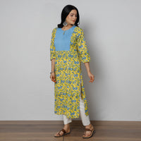 Yellow - Pintuck Sanganeri Block Printed Cotton Long Straight Kurta