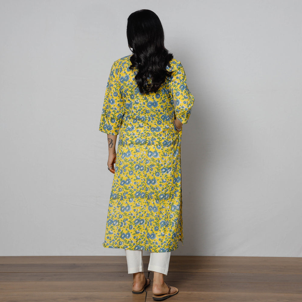 Yellow - Pintuck Sanganeri Block Printed Cotton Long Straight Kurta