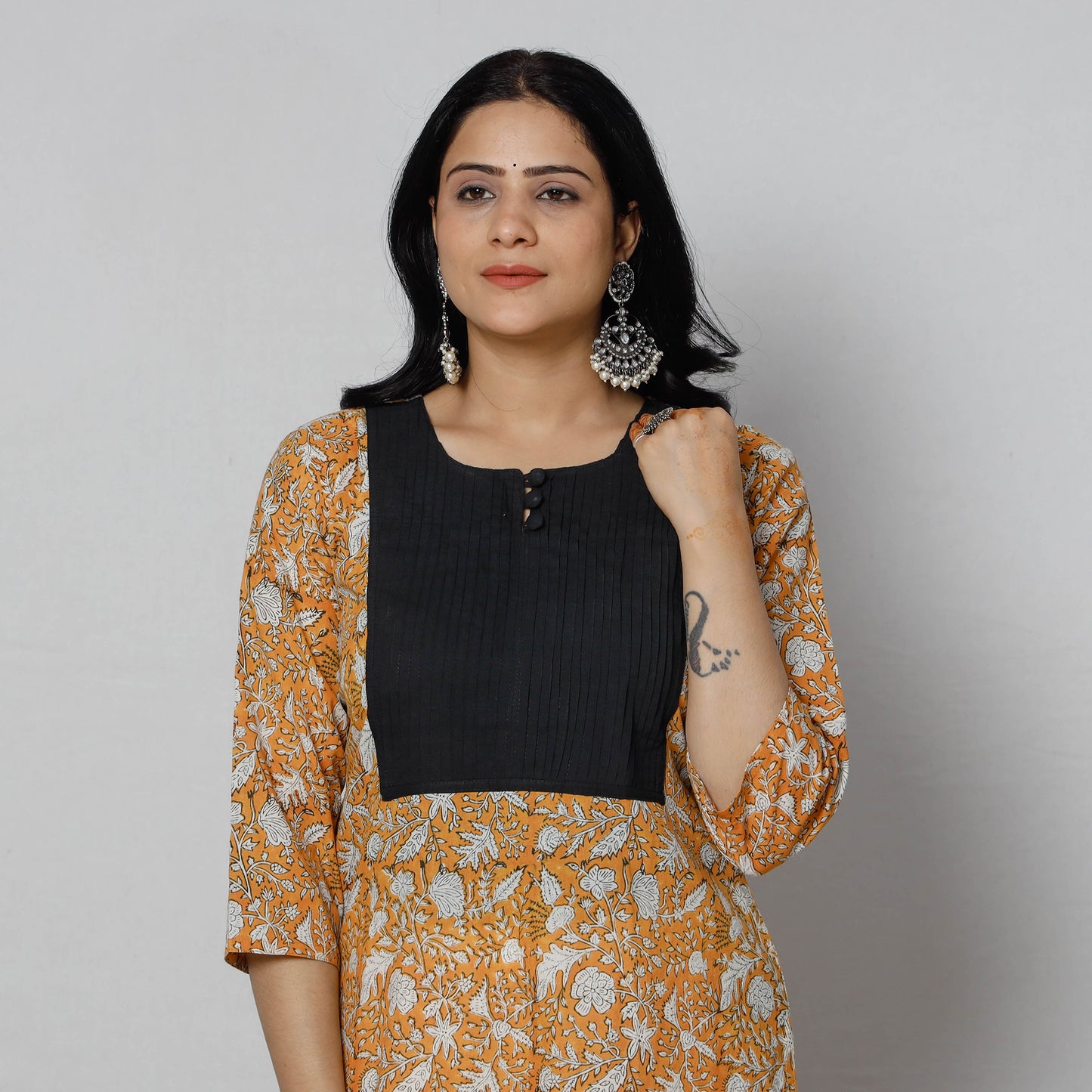 Orange - Pintuck Sanganeri Block Printing Cotton Long Kurti