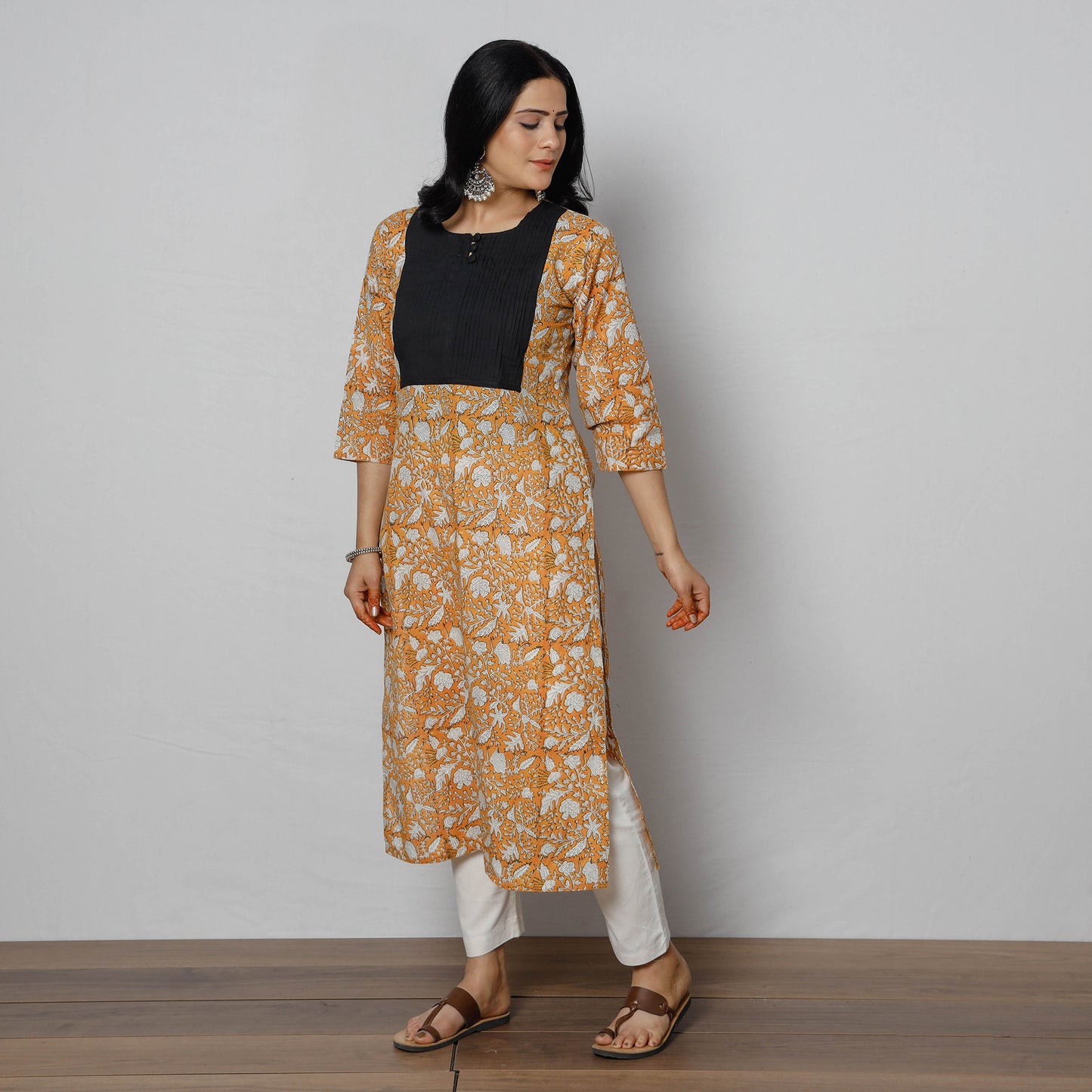 Orange - Pintuck Sanganeri Block Printing Cotton Long Kurti