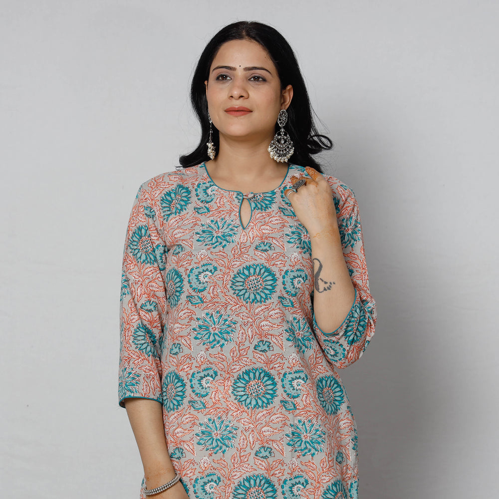 Grey - Sanganeri Block Printing Cotton Long Kurta