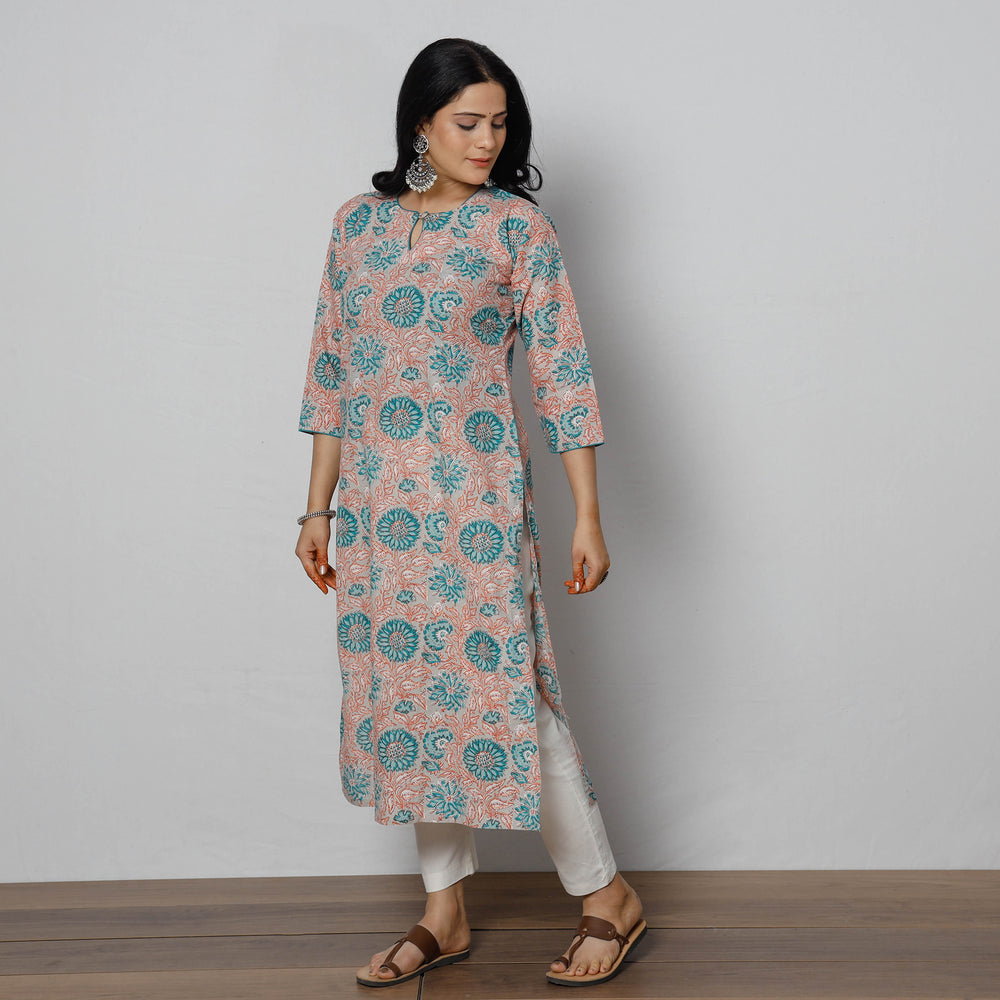 Grey - Sanganeri Block Printing Cotton Long Kurta