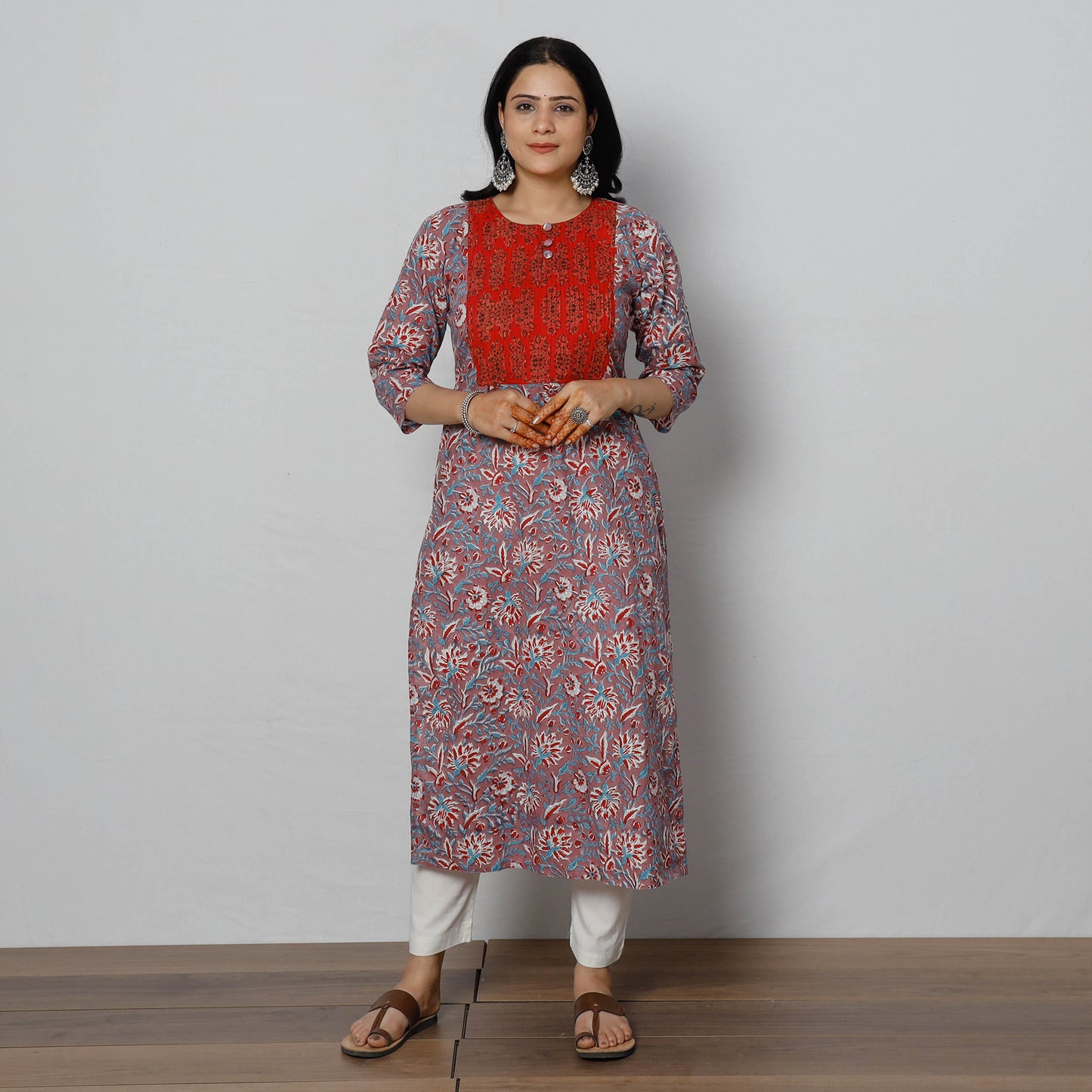 Blue - Pintuck Sanganeri Block Printing Cotton Long Kurti