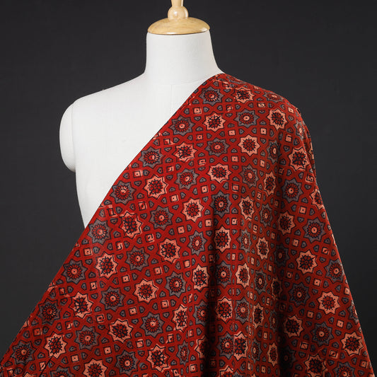 Brown - Motifs On Vermilion Red Ajrakh Block Printed Cotton Fabric