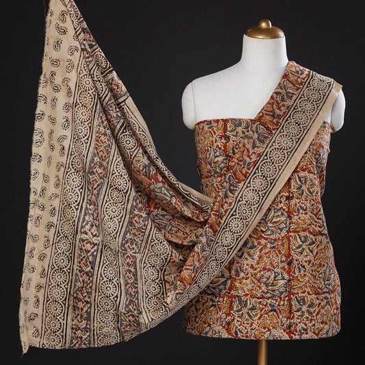 Red - 3pc Kalamkari Block Printed Natural Dyed Cotton Suit Material Set