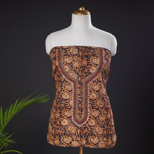 Brown - Bead Work Hand Embroidery Kalamkari Printed Cotton Kurti Material - 2.6 meters