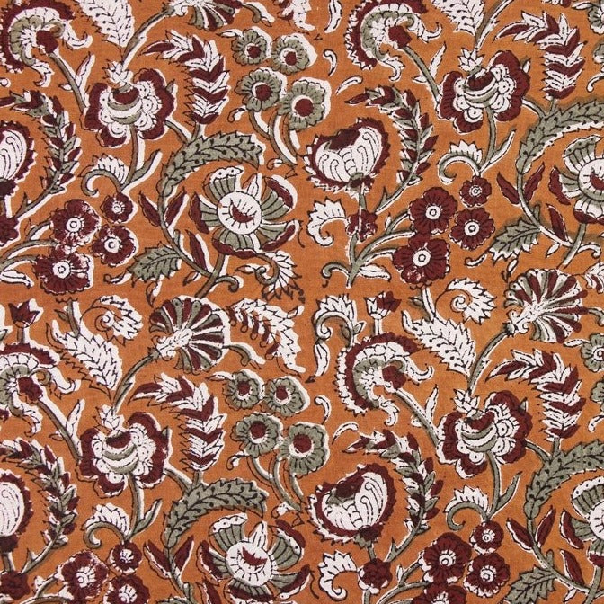 Orange - Bagru Hand Block Printed Pure Cotton Natural Dyed Fabric