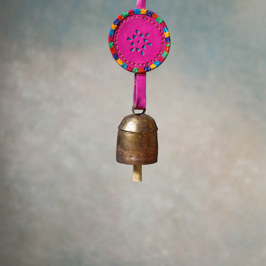 Kutch Copper Coated Bell With Leather Belt - Round