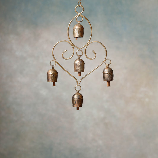 Kutch Copper Coated 5 Bell Heart Chimes