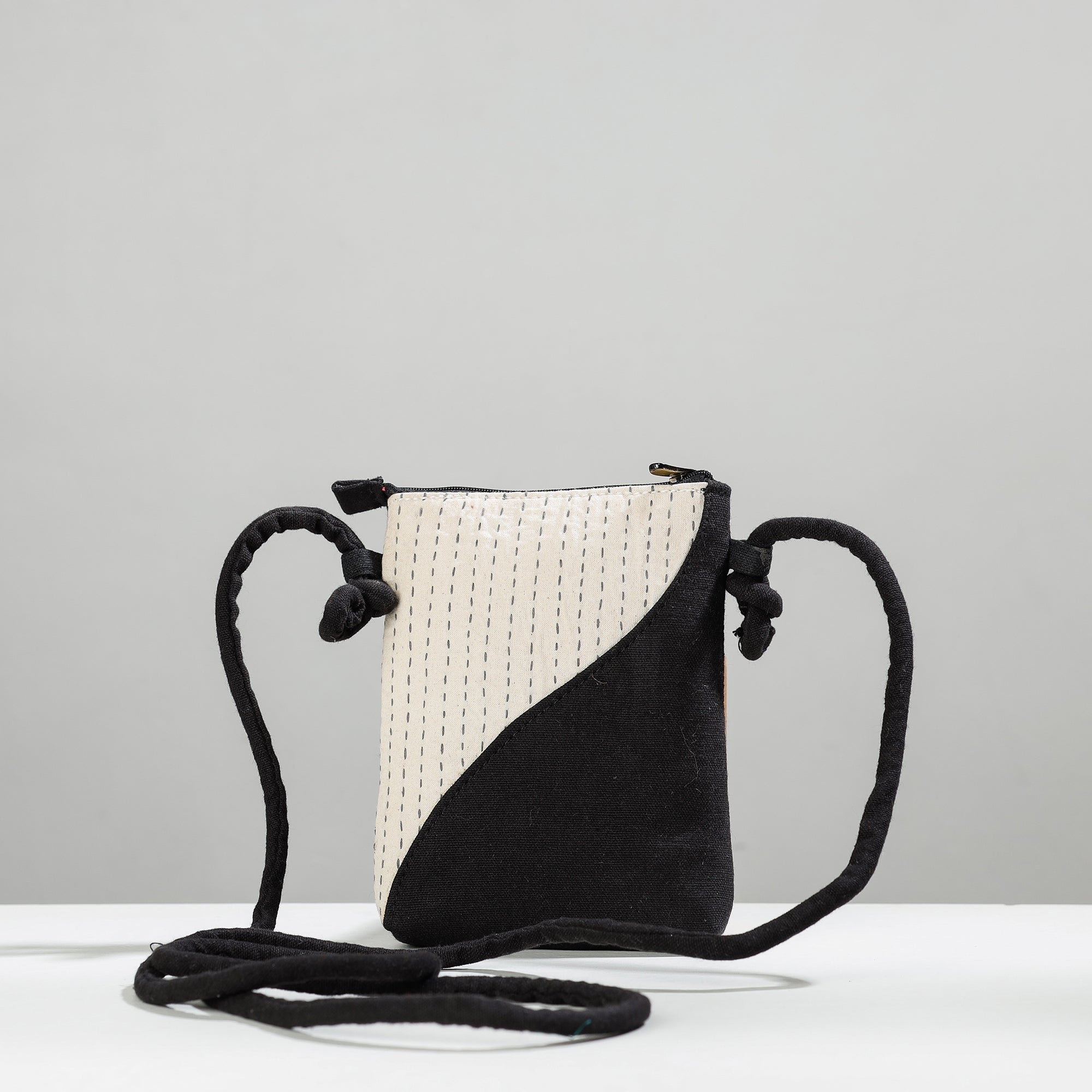 Black Gamcha Fabric Hand Embroidered Sling Bag
