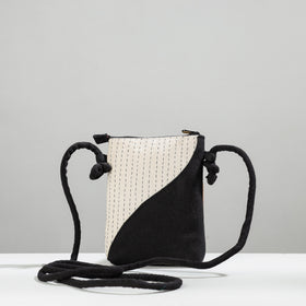 Black Gamcha Fabric Hand Embroidered Sling Bag
