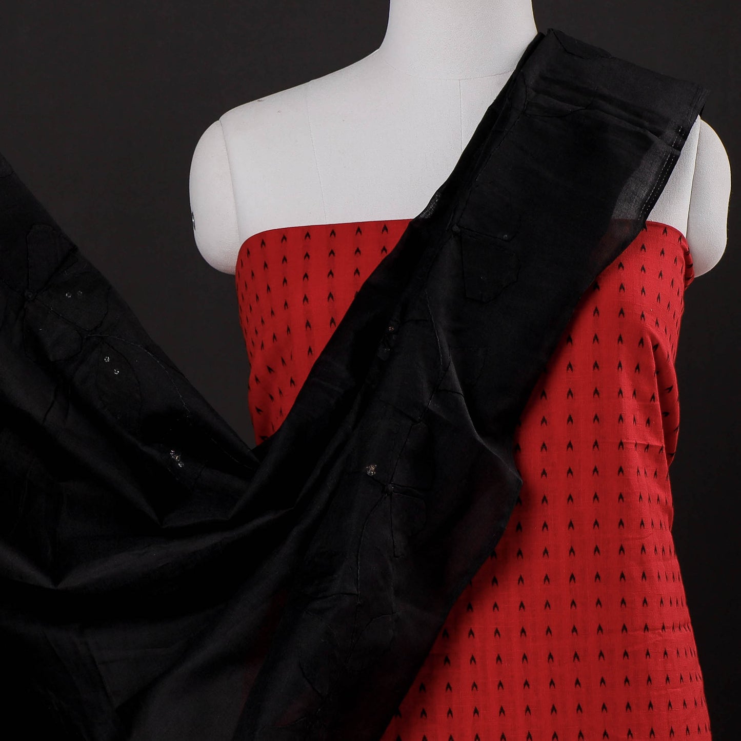 Red - 2pc Jacquard Cotton Suit Material with Patti Kaam Applique Work Cotton Dupatta