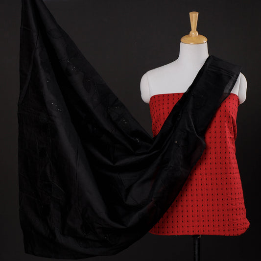 Red - 2pc Jacquard Cotton Suit Material with Patti Kaam Applique Work Cotton Dupatta