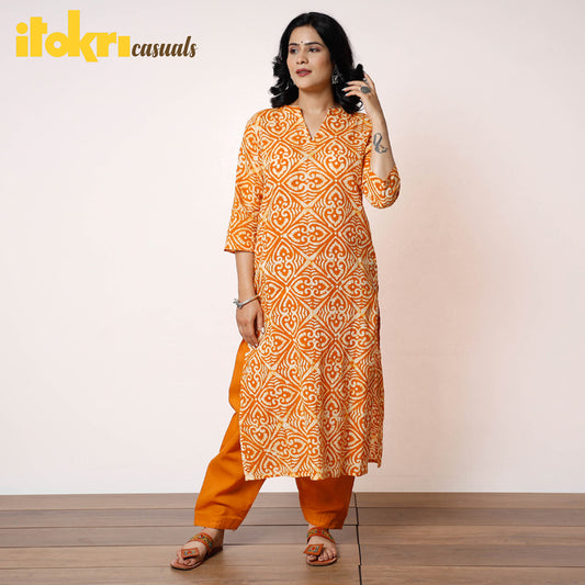 Orange White Batik Printed Cotton Long Kurta with Salwar Set