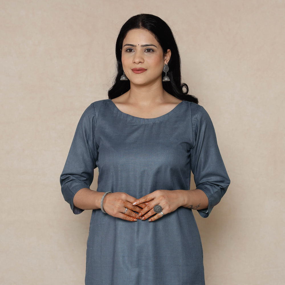 Grey Linen Viscose Plain Long Straight Kurta