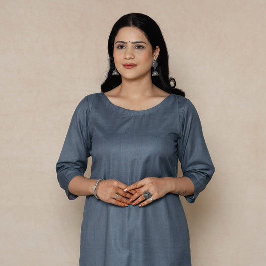 Grey Linen Viscose Plain Long Straight Kurta