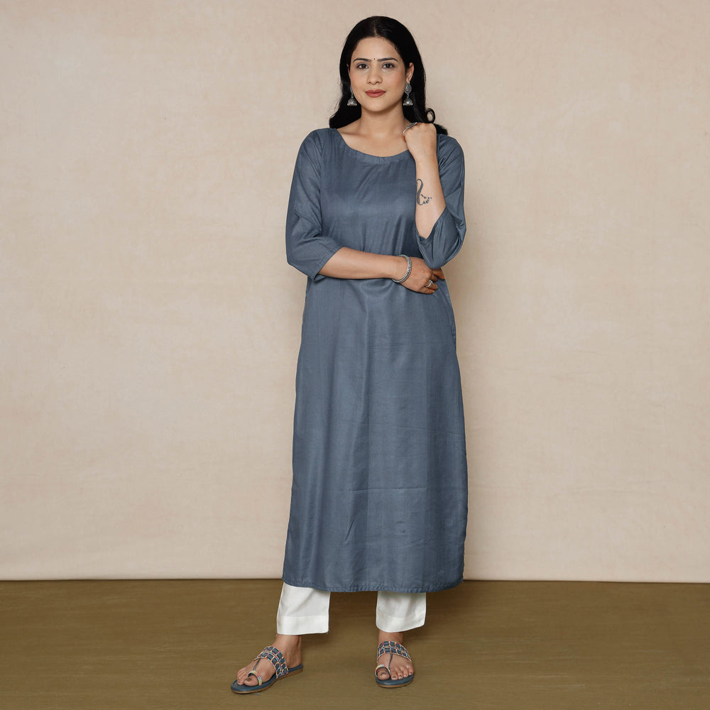 Grey Linen Viscose Plain Long Straight Kurta