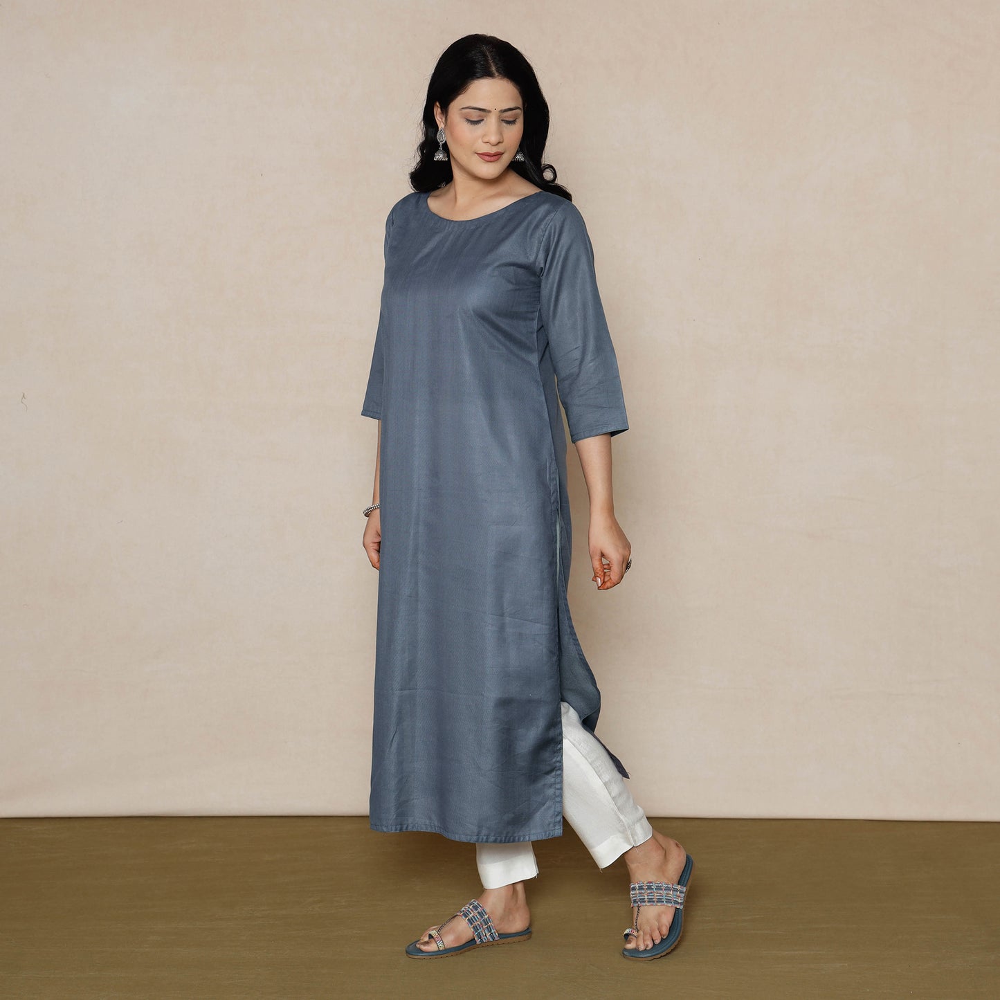 - Grey Linen Viscose Plain Long Straight Kurta