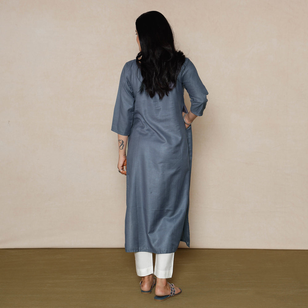 Grey Linen Viscose Plain Long Straight Kurta