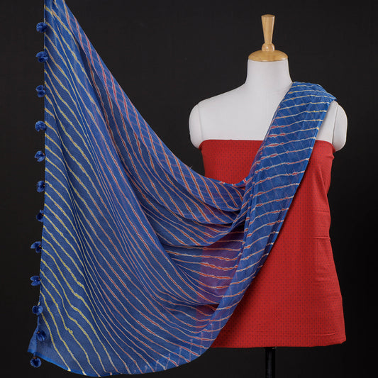Red - 2pc Jacquard Cotton Suit Material with Leheriya Tie-Dye Kota Doria Cotton Dupatta