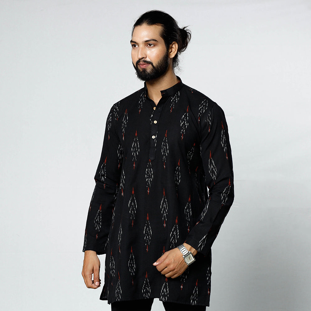 Black - Pochampally Ikat Weave Cotton Men Short Kurta