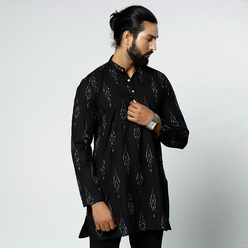 Black - Pochampally Ikat Weave Cotton Men Short Kurta