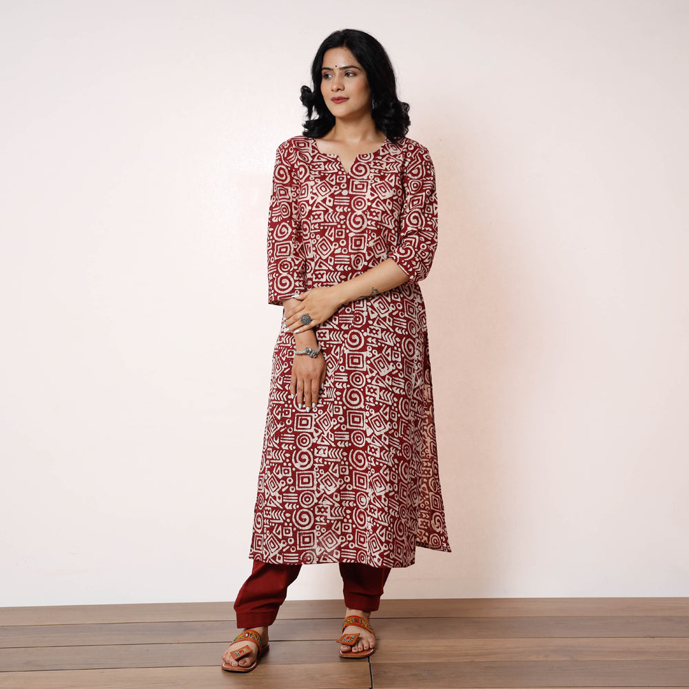 Brown - Dark Maroon White Batik Printed Cotton Long Kurta with Salwar Set