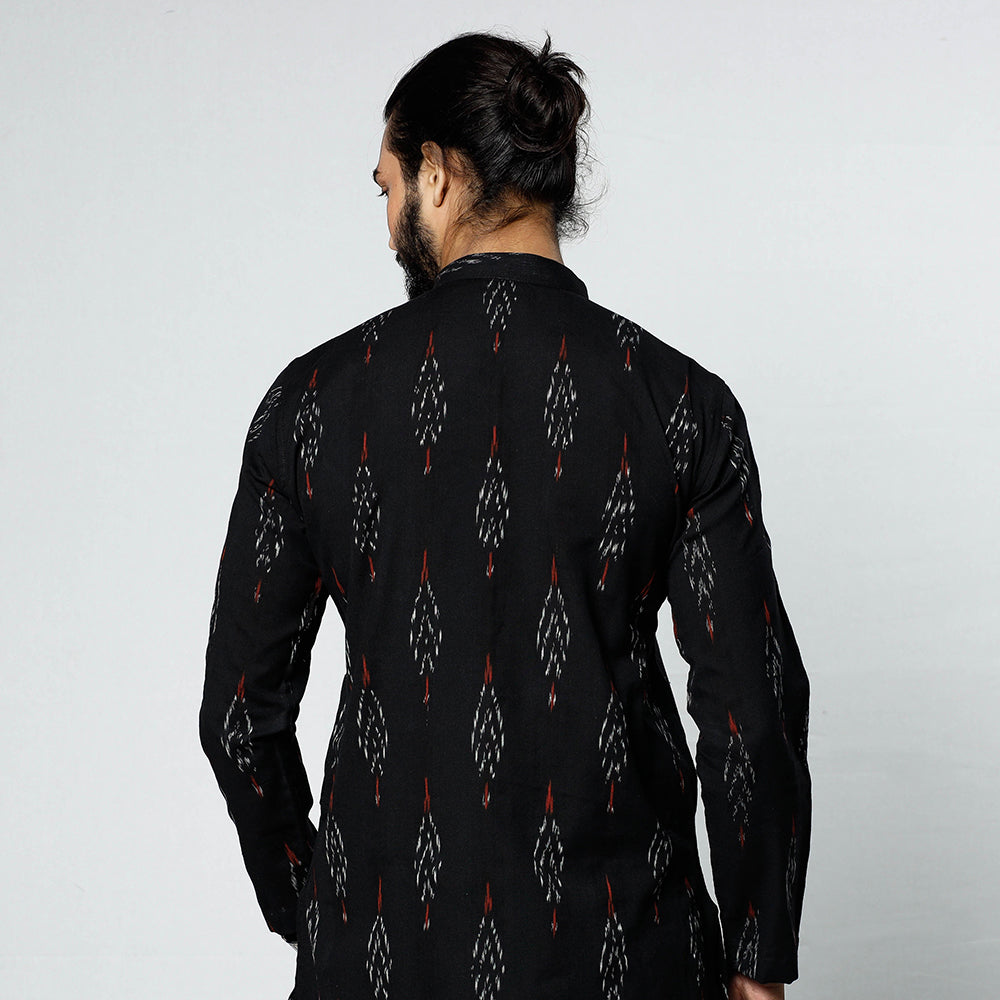 Black - Pochampally Ikat Weave Cotton Men Short Kurta