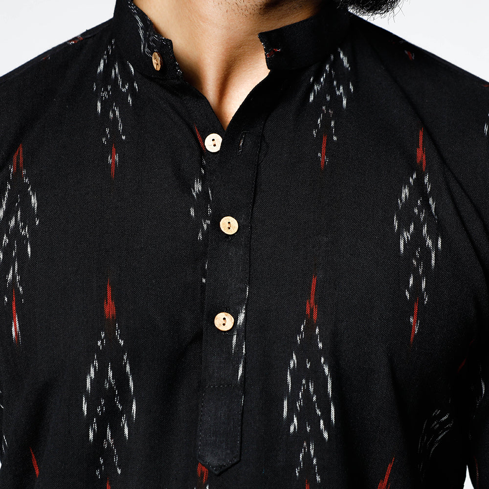 Black - Pochampally Ikat Weave Cotton Men Short Kurta