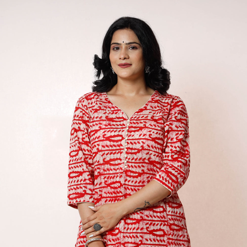 Neon Red White Batik Printed Cotton Long Kurta with Salwar Set