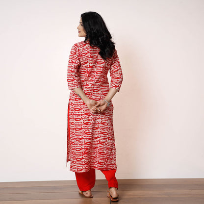 Neon Red White Batik Printed Cotton Long Kurta with Salwar Set
