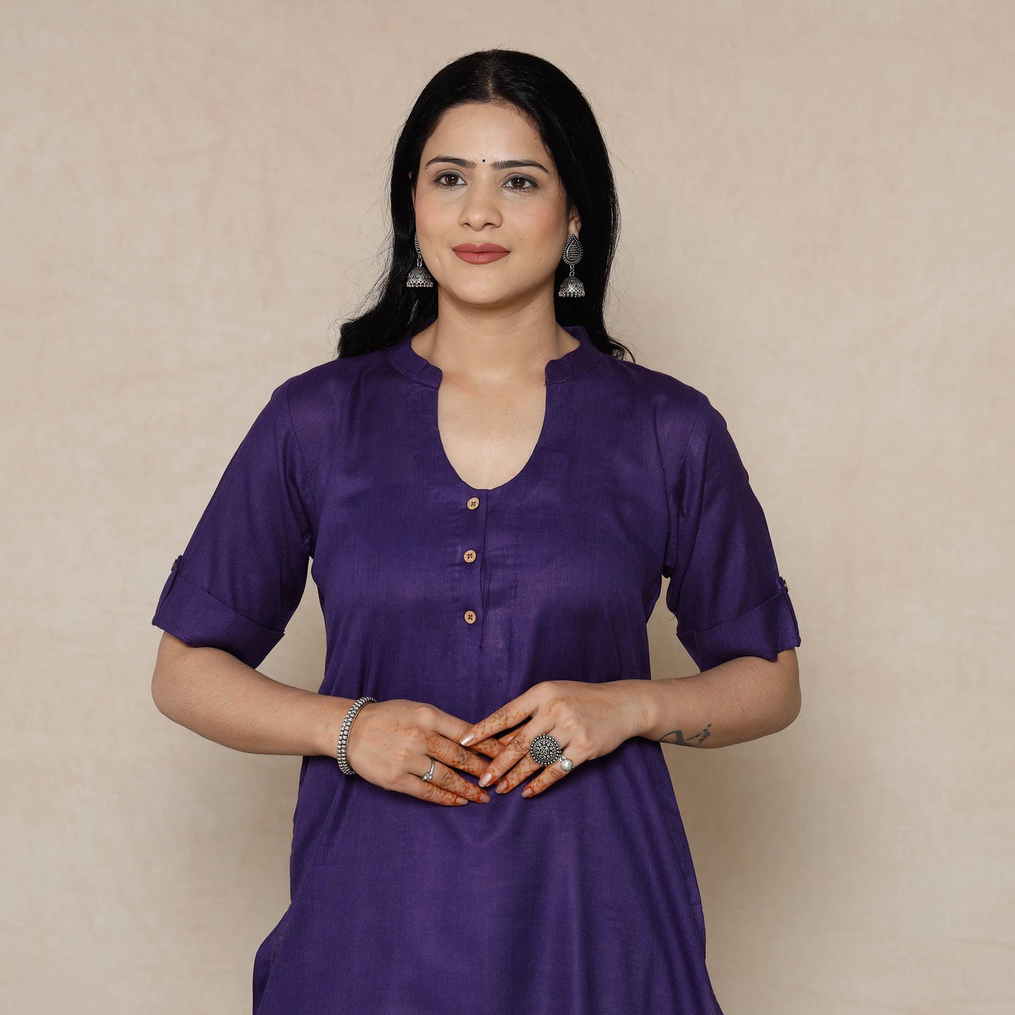 Purple - Violet Linen Viscose Plain Long Kurta