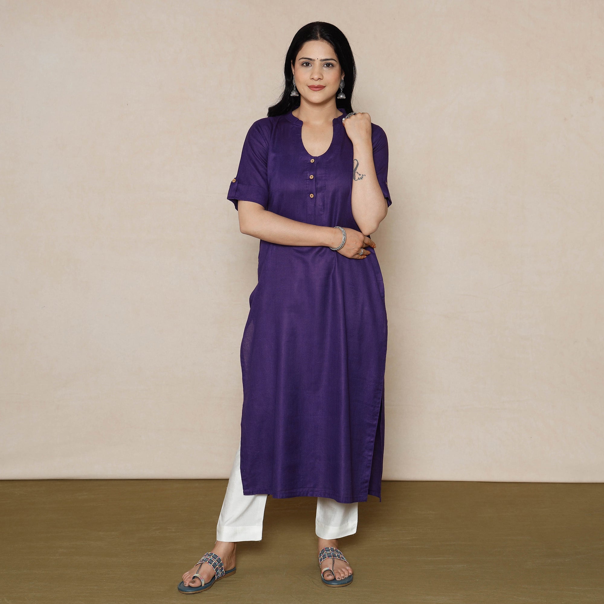  Violet Linen Viscose Plain Long Kurta Online l iTokri.com
