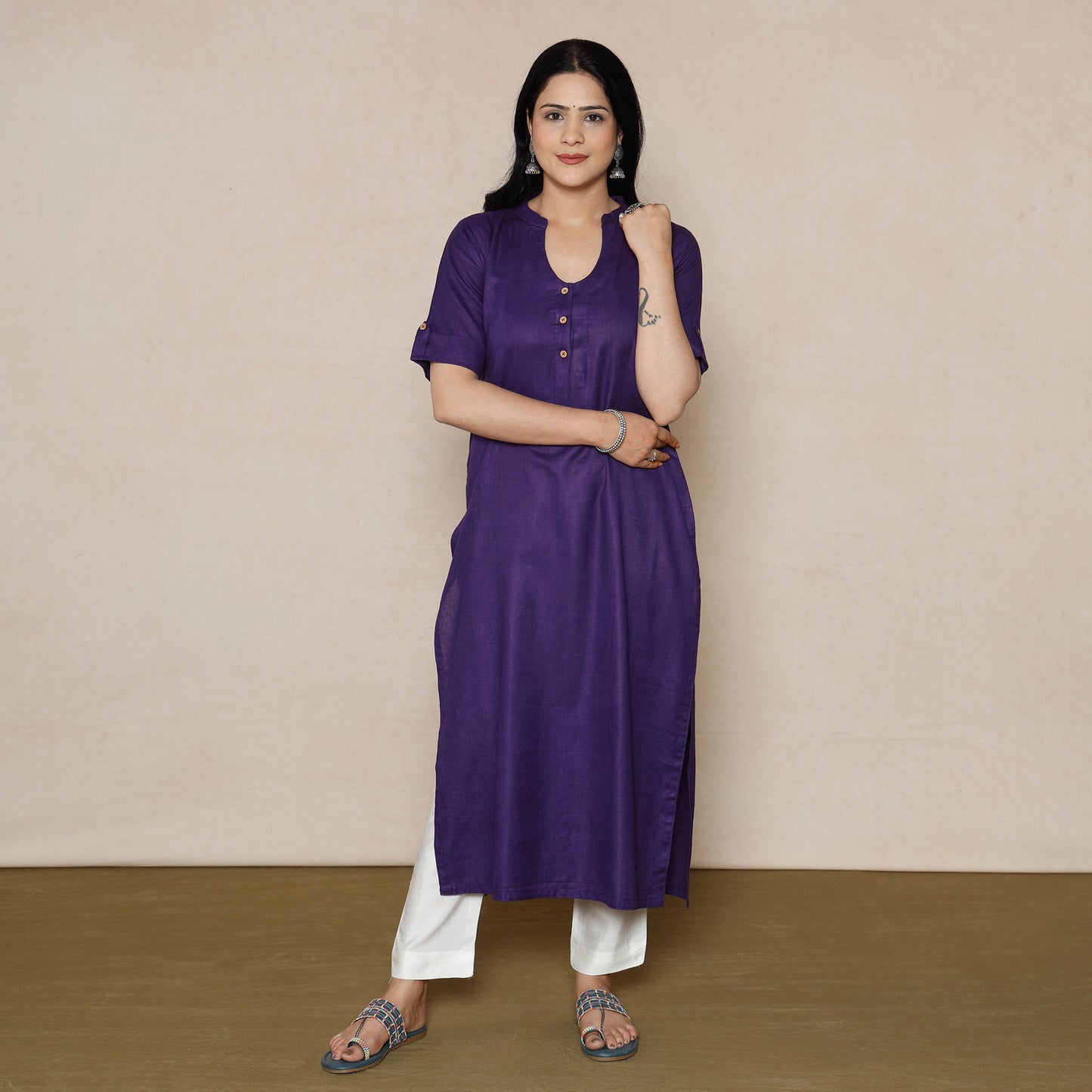 Purple - Violet Linen Viscose Plain Long Kurta