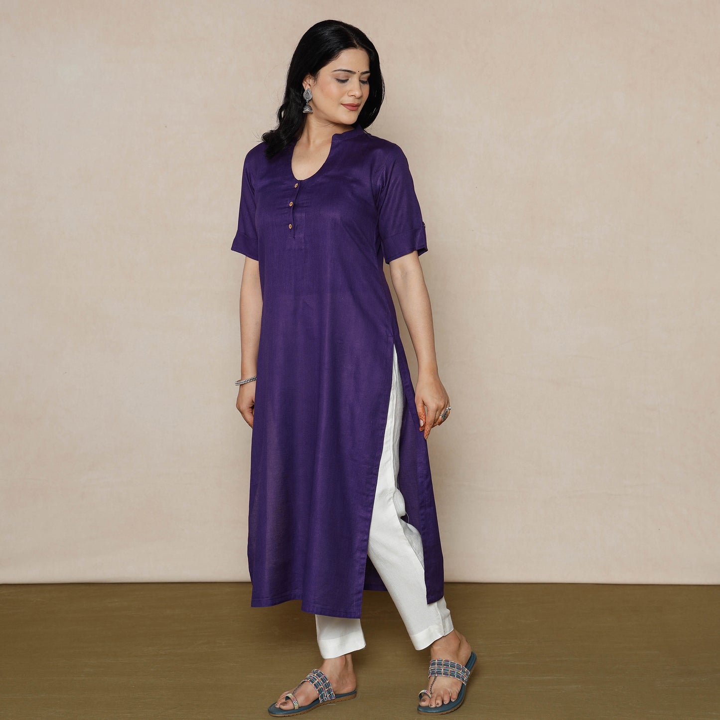 Violet Linen Viscose Plain Long Kurta
