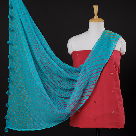 Pink - 2pc Godavari Jamdani Buti Handloom Cotton Suit Material with Leheriya Tie-Dye Kota Doria Cotton Dupatta