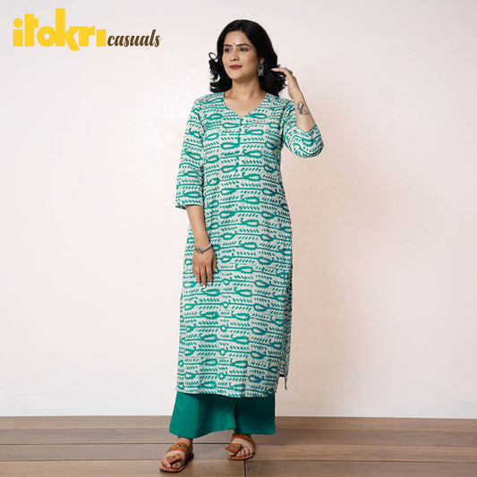 Green White Batik Printed Cotton Kurta with Palazzo Set