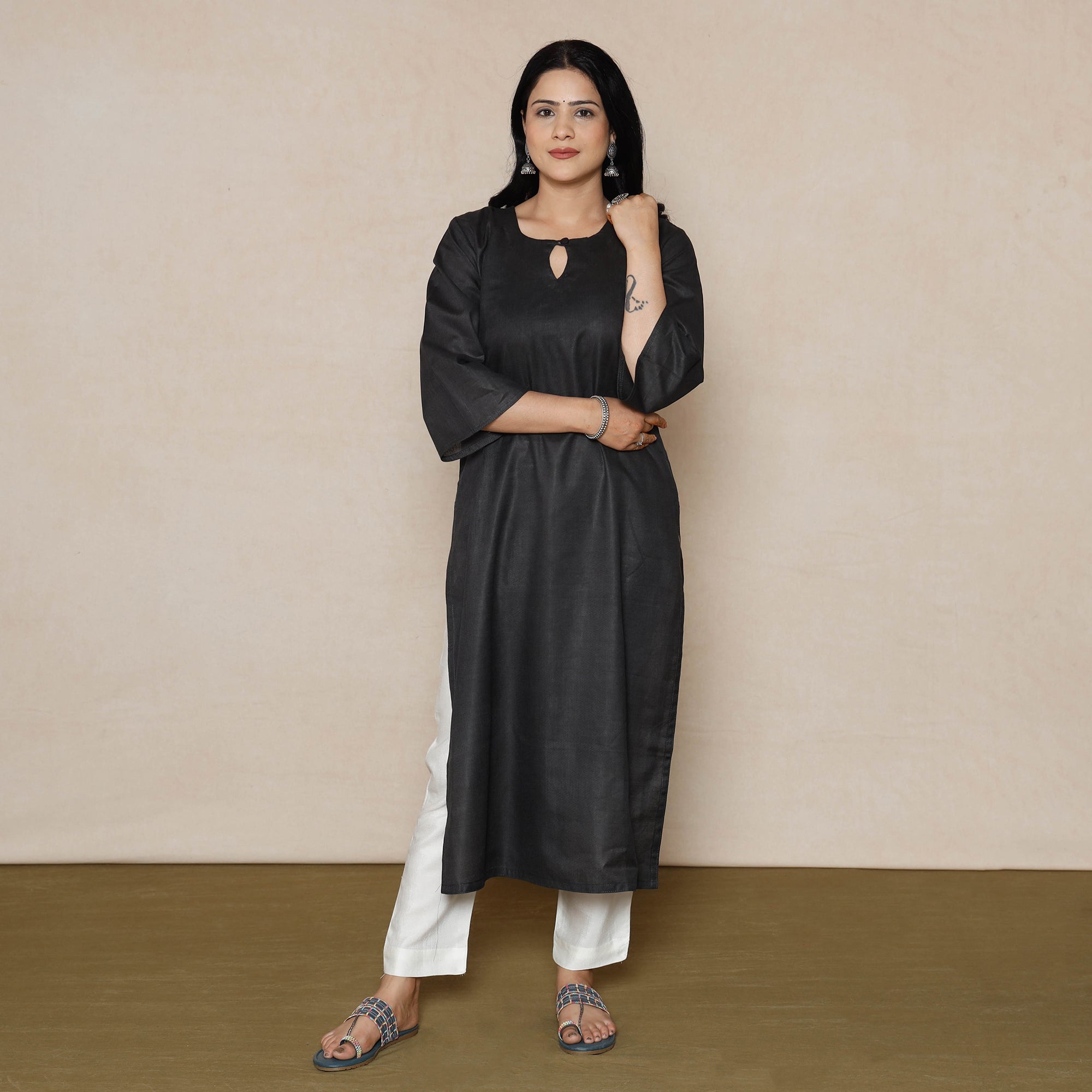 Buy Black Linen Viscose Plain Long Kurta for Women