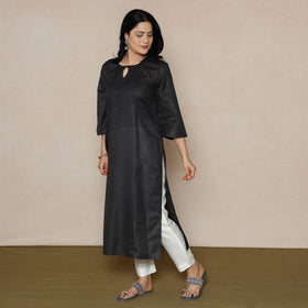 Buy Black Linen Viscose Plain Long Kurta for Women