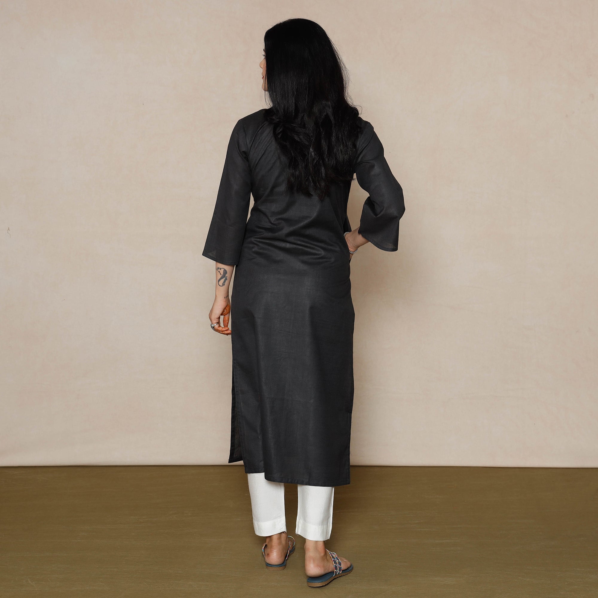 Buy Black Linen Viscose Plain Long Kurta for Women